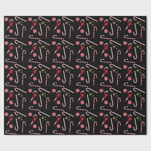 Modern Red Candy Cane Festive Kerstmis Black Cadeaupapier (Vlak)