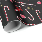 Modern Red Candy Cane Festive Kerstmis Black Cadeaupapier (Rol Hoek)