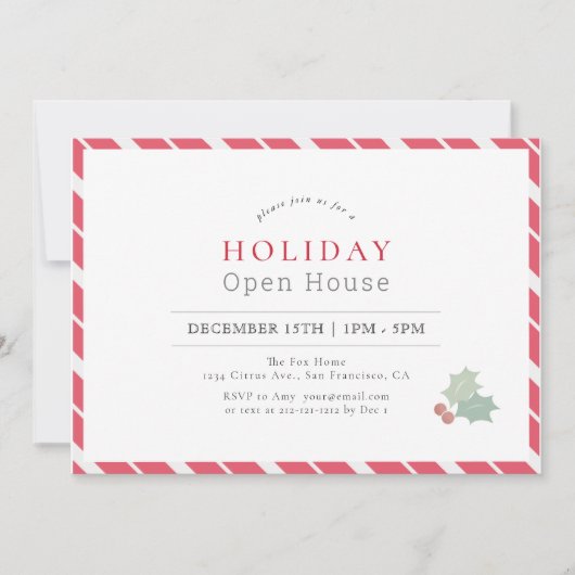 Modern Red Candy Cane Stripes Holiday Open House Kaart (Voorkant)