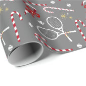 Modern Red Candy Cane Tennis Theme Kerstgrijs Cadeaupapier (Rol Hoek)