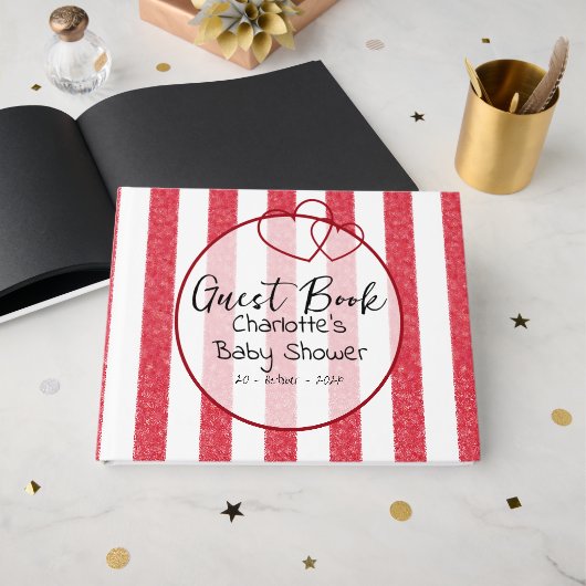 Modern Red Chalk Stripes Double Hearts Baby Shower Gastenboek (Voorkant open)
