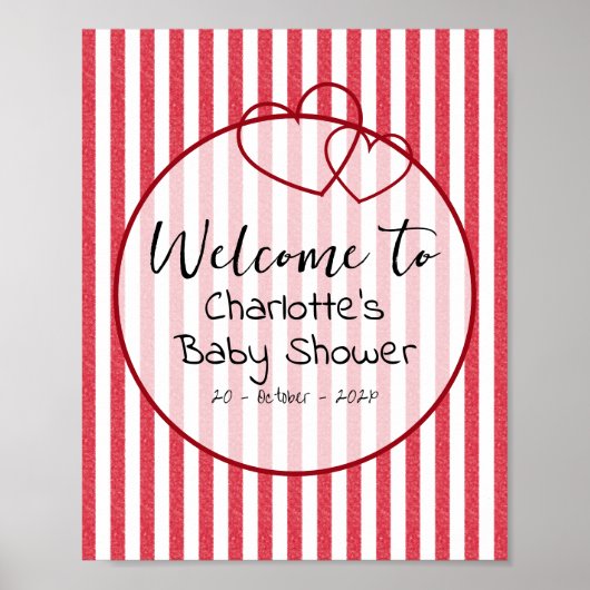 Modern Red Chalk Stripes Double Hearts Baby Shower Poster (Voorkant)