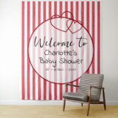 Modern Red Chalk Stripes Double Hearts Baby Shower Wandkleed (In situ)