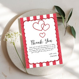 Modern Red Chalk Stripes Triple Hearts Baby Shower Bedankkaart