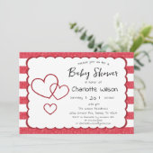 Modern Red Chalk Stripes Triple Hearts Baby Shower Kaart (Staand voorkant)