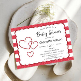 Modern Red Chalk Stripes Triple Hearts Baby Shower Kaart
