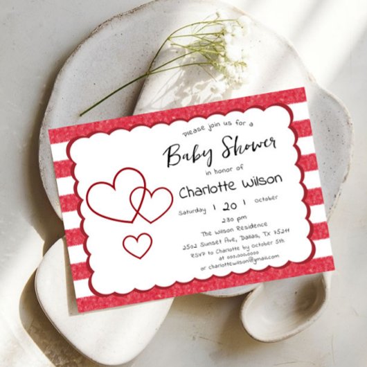 Modern Red Chalk Stripes Triple Hearts Baby Shower Kaart
