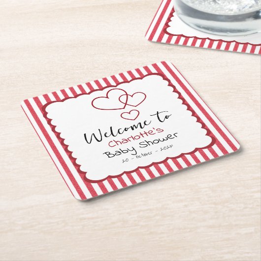 Modern Red Chalk Stripes Triple Hearts Baby Shower Kartonnen Onderzetters (Schuin)