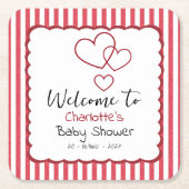 Modern Red Chalk Stripes Triple Hearts Baby Shower Kartonnen Onderzetters (Voorkant)
