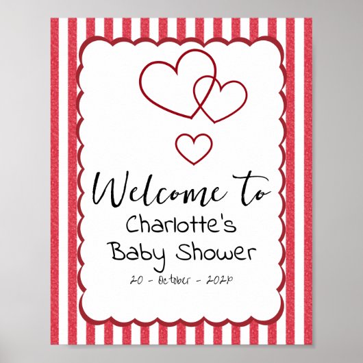 Modern Red Chalk Stripes Triple Hearts Baby Shower Poster (Voorkant)