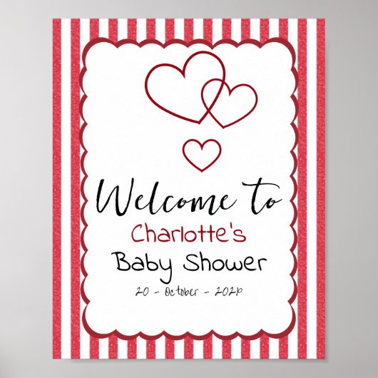 Modern Red Chalk Stripes Triple Hearts Baby Shower Poster (Voorkant)