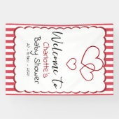 Modern Red Chalk Stripes Triple Hearts Baby Shower Spandoek (Horizontaal)