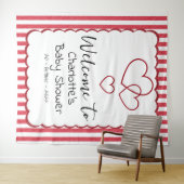 Modern Red Chalk Stripes Triple Hearts Baby Shower Wandkleed (In Situ (horizontaal))