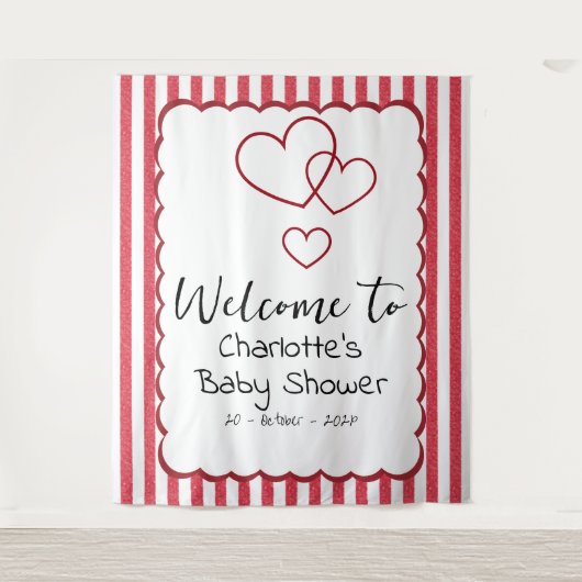 Modern Red Chalk Stripes Triple Hearts Baby Shower Wandkleed (Voorkant)