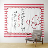 Modern Red Chalk Stripes Triple Hearts Baby Shower Wandkleed (In Situ (horizontaal))