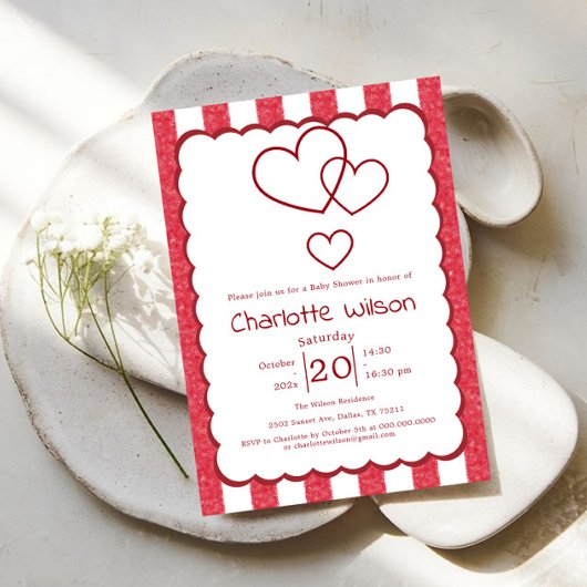 Modern Red Chalk Stripes Vertical Baby Shower Kaart