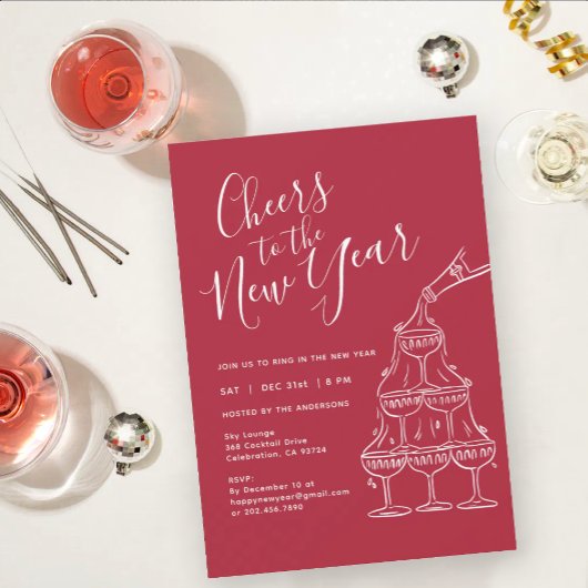 Modern Red Cheers to the New Year Party  Kaart