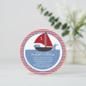Modern Red Chevron Nautical 1st Birthday Party Kaart (Staand voorkant)