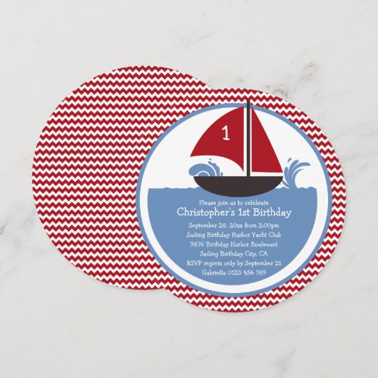 Modern Red Chevron Nautical 1st Birthday Party Kaart (Voorkant / Achterkant)
