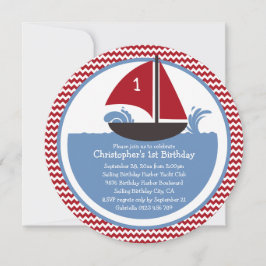 Modern Red Chevron Nautical 1st Birthday Party Kaart