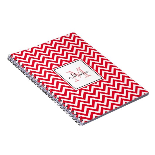 Modern Red Chevron Pattern met Monogram Notitieboe Notitieboek (Rechterzijde)