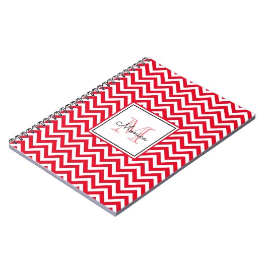 Modern Red Chevron Pattern met Monogram Notitieboe Notitieboek (Linkerzijde)