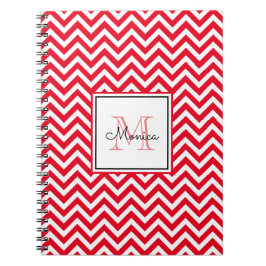 Modern Red Chevron Pattern met Monogram Notitieboe Notitieboek