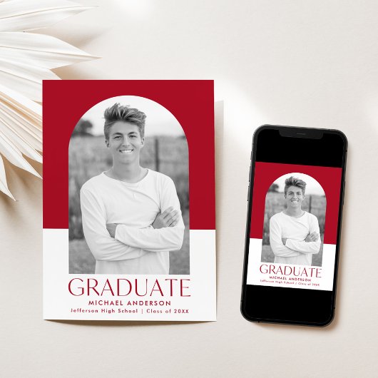 Modern Red Color Block Photo Afstuderen Aankondiging