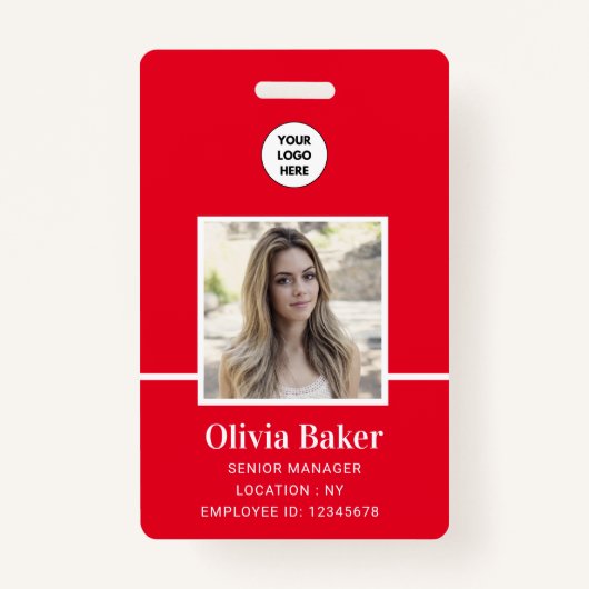 Modern Red Company Name Title Employee Photo ID Badge (Voorkant)