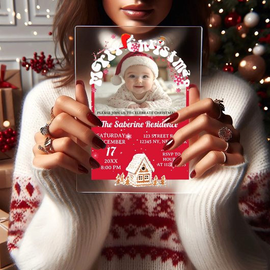 Modern Red Curved Graffiti Merry Christmas Photos  Acryl Uitnodigingen