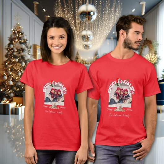 Modern Red Curved Graffiti Merry Christmas Photos  T-shirt
