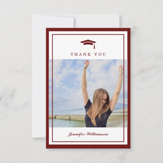 Modern Red Elegant Script Afstuderen Foto Bedankkaart (Voorkant)