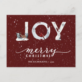 Modern Red Elegant Script JOY Winter Snow Overlay Feestdagenkaart