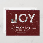 Modern Red Elegant Script JOY Winter Snow Overlay Feestdagenkaart (Voorkant / Achterkant)