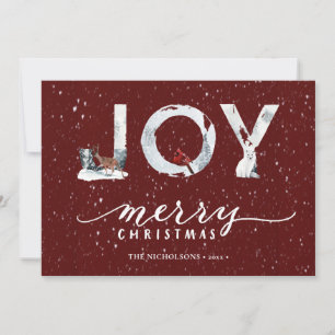 Modern Red Elegant Script JOY Winter Snow Scene Feestdagenkaart