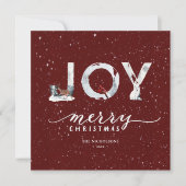 Modern Red Elegant Script JOY Winter Snow Scene Feestdagenkaart (Voorkant)