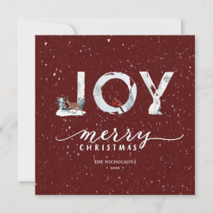 Modern Red Elegant Script JOY Winter Snow Scene Feestdagenkaart