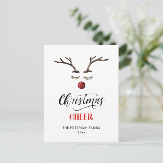 Modern Red Elegant Script Kerstman Reindester Briefkaart (Staand voorkant)