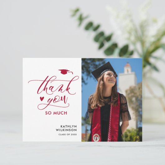 Modern Red Elegant Script Photo Simple Afstuderen Bedankkaart (Staand voorkant)