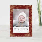 Modern Red Elegant Script Snowflakes Bokeh Overlay Feestdagen Kaart (Voorkant)