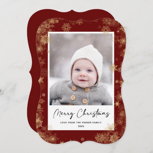 Modern Red Elegant Script Snowflakes Bokeh Overlay Feestdagenkaart (Voorkant / Achterkant)