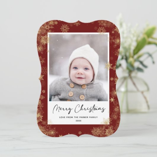 Modern Red Elegant Script Snowflakes Bokeh Overlay Feestdagenkaart (Staand voorkant)