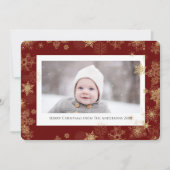 Modern Red Elegant Script Snowflakes Bokeh Overlay Feestdagenkaart (Voorkant)