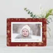 Modern Red Elegant Script Snowflakes Bokeh Overlay Feestdagenkaart (Staand voorkant)