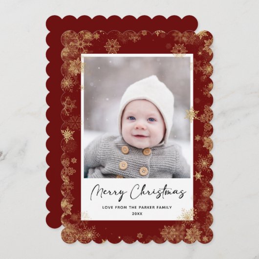 Modern Red Elegant Script Snowflakes Bokeh Overlay Feestdagenkaart (Voorkant / Achterkant)