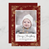 Modern Red Elegant Script Snowflakes Bokeh Overlay Feestdagenkaart (Voorkant / Achterkant)