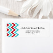Modern Red en Aqua Chevron & Lovebird Wedding Etiket (Insitu)