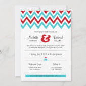 Modern Red en Aqua Chevron & Lovebird Wedding Kaart (Voorkant)
