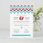 Modern Red en Aqua Chevron & Lovebird Wedding Kaart (Staand voorkant)