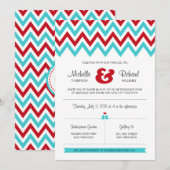 Modern Red en Aqua Chevron & Lovebird Wedding Kaart (Voorkant / Achterkant)